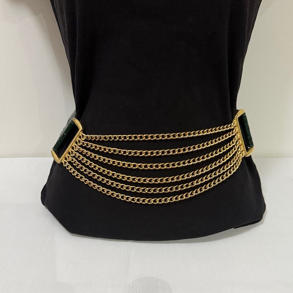 Green Emmanuel Leather Belt with Gold Chain Detail